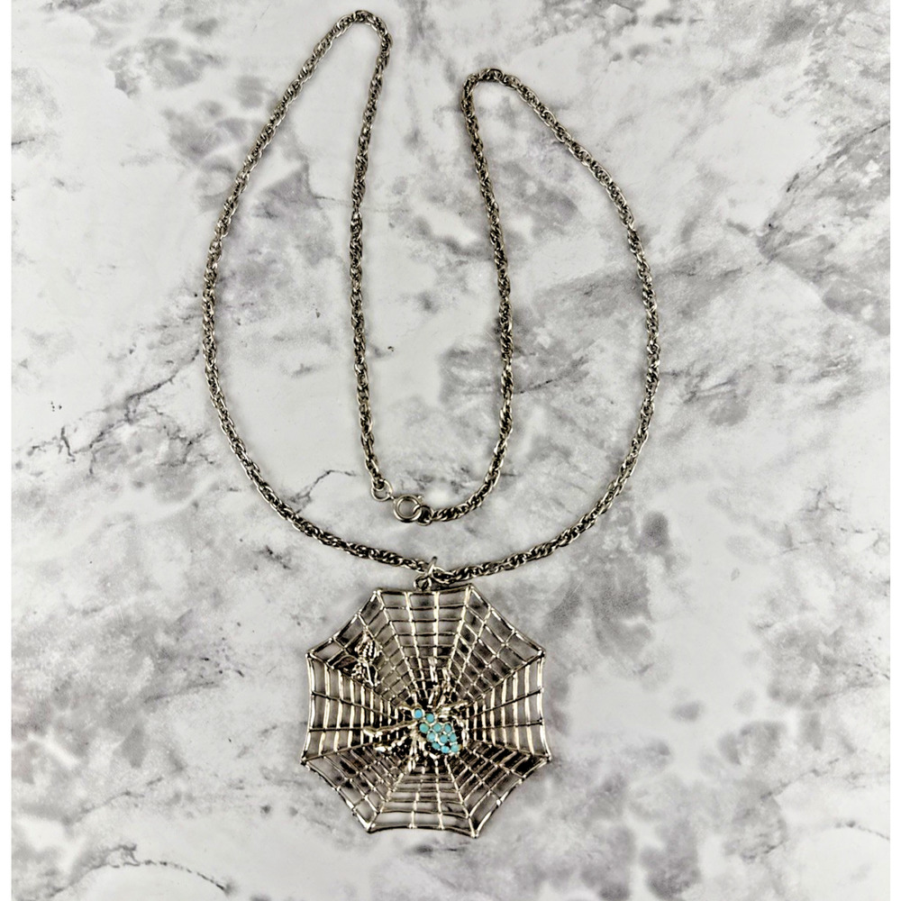 Vintage Sliver Spider Web Pendant Necklace Turquoise Spider Goth Halloween